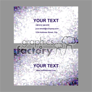 A set of two minimalist business cards with a geometric, triangular pattern background in shades of purple, gray, and white. Both cards feature placeholder text for contact information.