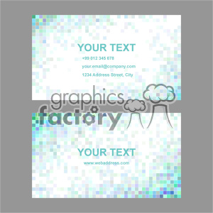 A modern business card clipart featuring a design of pastel-colored mosaic squares with placeholder text. The card includes fields for a phone number, email address, physical address, and website.