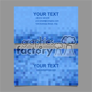 Clipart image showing a set of two blue pixelated business cards with placeholder text. The top card includes fields for a phone number, email address, and physical address, while the bottom card includes a field for a website URL.