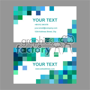 This clipart image depicts two business cards with a modern design. Both cards feature a mosaic of blue and green squares around the edges, and include placeholder text for contact information and company details.