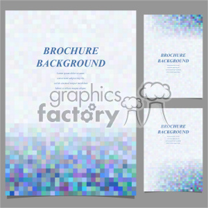 This clipart image features three brochure templates with a pixelated background design. The templates have a gradient effect, starting with lighter pixel colors at the top and transitioning to darker blues and greens at the bottom. Text on the templates reads 'Brochure Background' with placeholder text beneath.