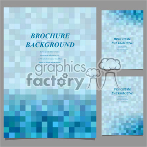 A set of three brochure backgrounds featuring a mosaic of blue and light blue squares. Each design includes text areas with placeholder text and the title 'Brochure Background' in blue font.