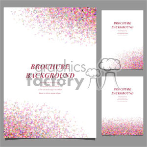 Set of brochure backgrounds with a colorful, triangular confetti design on a white base. The confetti elements are predominantly pink, orange, and purple, forming decorative borders at the top and bottom of the layouts.