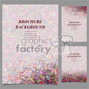 The image is a clipart depiction of brochure backgrounds with a colorful, triangular geometric pattern. The primary layout displays the text 'Brochure Background' in bold, with placeholder text below. The design is replicated in three different brochure sizes. The overall color scheme is pastel with a mix of muted and vibrant hues, particularly concentrated at the bottom part in some variations.