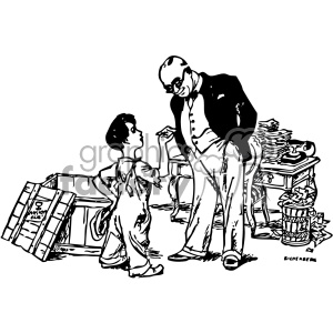 A black and white clipart image featuring a man in a suit talking to a boy in work overalls, with the boy leaning against a crate. The scene appears to be set in an office or work environment, with a desk covered in papers in the background and a wastebasket full of crumpled paper.