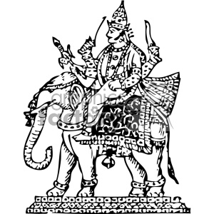 Black and white clipart image of a traditional Indian warrior riding an elephant, depicted with intricate details in the attire and armor.