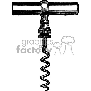 A vintage hand-drawn illustration of a corkscrew with a T-shaped handle and a spiral metal screw, commonly used to open wine bottles.