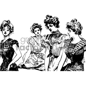 Black and white clipart image depicting four vintage women in elaborate dresses with intricate hairstyles.