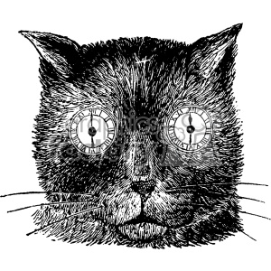 A detailed black and white clipart illustration of a cat's face with clockwork eyes. The cat's eyes feature clock faces with Roman numerals, adding a surreal and whimsical element to the image.