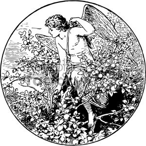 A black and white clipart of a winged figure, possibly an angel, with flowing robes, carefully picking fruit from a tree.