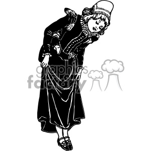 A black and white clipart image of a woman curtsying, dressed in historical attire with a bonnet and long dress.