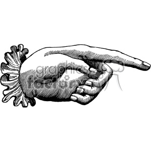 A vintage black-and-white clipart illustration of a hand pointing to the right. The hand has detailed shading and is adorned with a ruffled cuff.