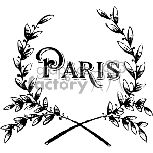 Vintage clipart image of the word 'Paris' framed by an ornate laurel wreath.