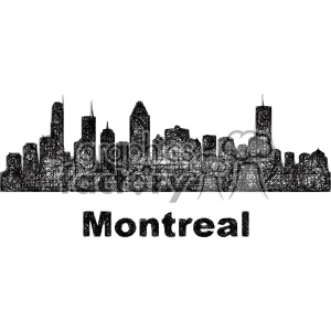 A doodle-style black and white sketch of the Montreal skyline, featuring various skyscrapers and iconic buildings with the word 'Montreal' written below.