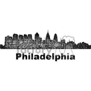  The clipart image depicts a stylized, scribble art representation of the Philadelphia skyline. The drawing features a series of interconnected lines creating an abstract silhouette of various skyscrapers and buildings associated with the city