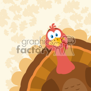 A colorful, cartoon-style turkey with wide eyes, surrounded by autumn leaves, symbolizing Thanksgiving.