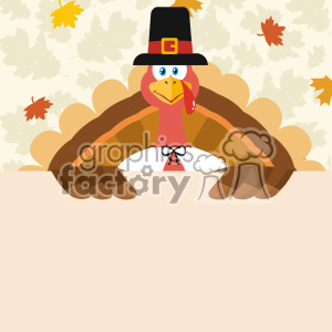 10598 Happy Thanksgiving Turkey Bird Cartoon Mascot Character Holding A Blank Sign Vector Flat Design Over Background With Autumn Leaves
