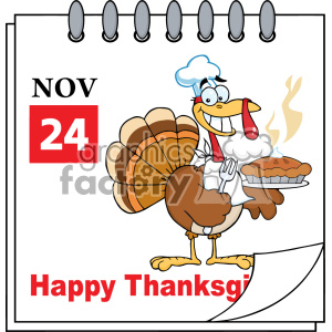 A cartoon turkey dressed as a chef holding a pie, with a calendar showing November 24 and the text 'Happy Thanksgiving'.