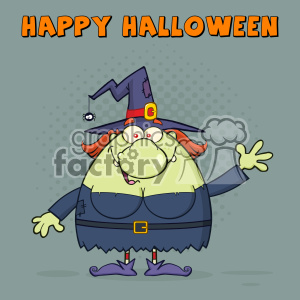 Ugly Witch Cartoon Mascot Character Waving For Greeting Vector With Halftone Background And Text Happy Halloween