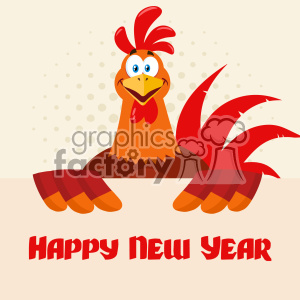 This clipart image features a cartoon rooster character that is likely intended to represent the Chinese New Year of the Rooster. The rooster has a happy expression, with a large beak, wide eyes, and a prominent red comb on top of its head. It includes vibrant red feathers, which are typical colors used in Chinese New Year celebrations, symbolizing luck and joy. The rooster is shown sitting, with exaggerated, large red-striped feet extended in front of it. Behind the rooster is a simple dotted pattern on a light background, and below it, there is text in red that reads Happy New Year, emphasizing the festive message.