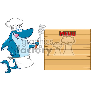   This clipart image features a cartoon character of a cheerful blue shark dressed as a chef, complete with a white chef