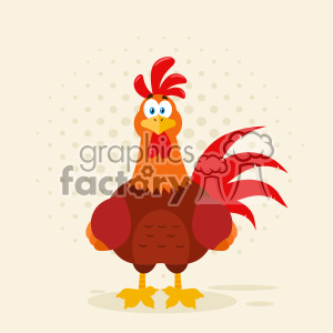   This is a colorful and stylized illustration of a rooster. The character features exaggerated cartoonish features with a large body, prominent red comb and wattle, and a long flowing tail. Its expression appears to be a mix of surprise and curiosity with wide eyes and raised eyebrows. 