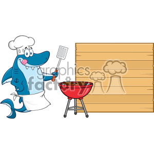 This clipart image features a funny anthropomorphic shark character in the role of a chef, grilling some burgers on a barbecue. The shark has a big smile, is wearing a chef's hat, a white apron with an anchor detail, and is holding a spatula with a sausage on it. To the right of the chef shark, there is a large wooden blank signboard with space for text or messaging.