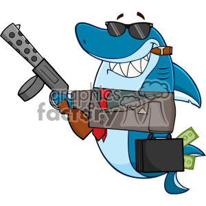   This clipart image features a cartoon shark dressed in a gangster style. The shark character has a large, friendly smile and is wearing dark sunglasses, a brown suit jacket with a red tie, and a white shirt. The shark is holding a revolver-style gun in one hand and has a briefcase overflowing with money in the other. Additionally, there