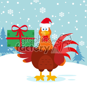 The image shows a cartoon rooster wearing a Santa hat, standing in a snowy setting with snowflakes falling around. The rooster appears to be smiling and holds a wrapped Christmas gift with a red ribbon. In the background, there are silhouettes of pine trees.