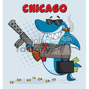   The image is a humorous cartoon depiction of a shark character styled as a stereotypical gangster. The shark features include a toothy smile and a blue body. The gangster elements comprise a Tommy gun, a brown suit with a red tie, blue sunglasses, a cigar, and a briefcase filled with money. Bullet casings are found on the ground, and the word CHICAGO is written in bold red letters near the top, which possibly references the gangster era in Chicago