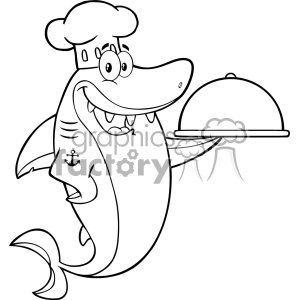 Clipart Black And White Chef Blue Shark Cartoon Holding A Platter Vector