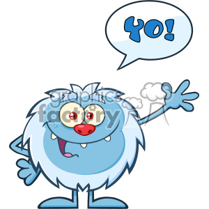 Cute Little Yeti Cartoon Mascot Character Waving For Greeting With Speech Bubble And Text Yo! Vector