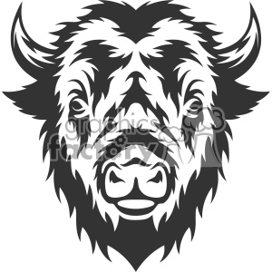 This clipart image contains a graphic, stylized representation of a buffalo's head. It features a symmetrical design with bold, contrasting black and white areas that form the face, fur, and horns of a buffalo.