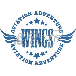 A blue clipart image featuring the word 'WINGS' in large, stylized text in the center, with a design of stars above and below it, and wing-like shapes on either side. The phrase 'AVIATION ADVENTURE' is arched above and below the word 'WINGS'.