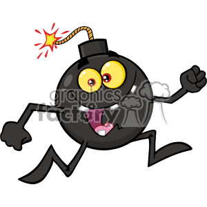 Cartoon illustration of a happy, running bomb with a lit fuse and big yellow eyes.