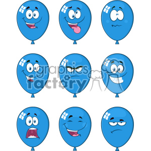 This set includes 9 different blue balloons, with varying expressions - from happy, confused, angry, worried, and more.