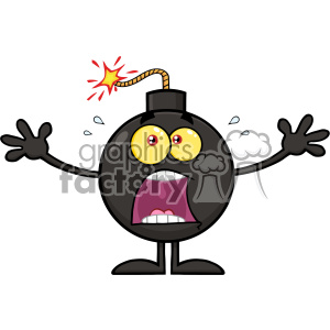 A cartoon bomb with arms and legs, showcasing a shocked expression with wide eyes and an open mouth, and a lit fuse.