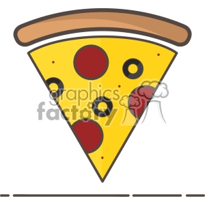 A slice of pepperoni pizza with cheese and black olives illustrated in a cartoon style.