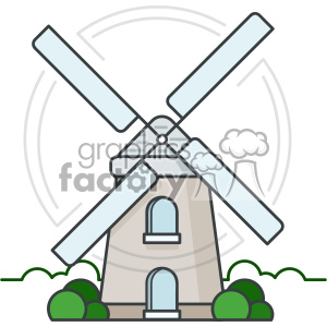 A clipart image of a windmill with large blades and a traditional structure surrounded by bushes.