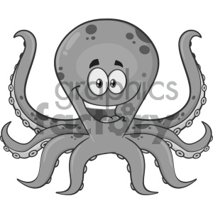 A playful black and white clipart image of a smiling octopus with wide eyes and raised tentacles.