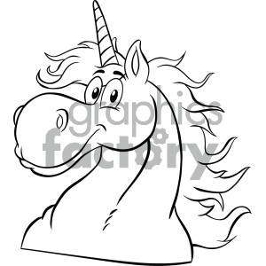 The clipart image depicts a stylized drawing of a unicorn in a cartoonish design. The unicorn features a prominent spiral horn, a playful expression, an exaggerated snout, wavy mane, and part of its neck and shoulders are shown.