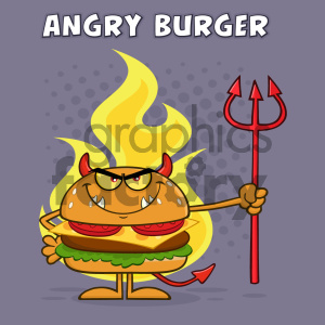 Angry Devil Burger Cartoon Character Holding A Trident Over Flames Vector Illustration With Purple Halftone Background And Angry Burger Text