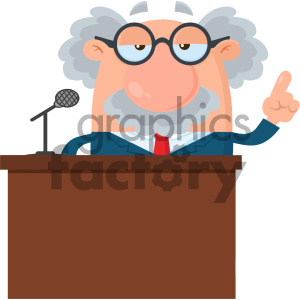 Cartoon of a professor-like character with glasses, standing behind a podium, pointing upwards with one finger.