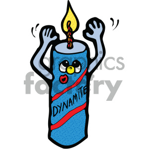 Cartoon dynamite character with arms and a lit fuse, featuring a blue body with red stripes and the word 'dynamite' written on it.