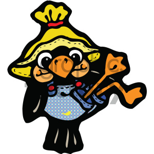 A cute cartoon bird wearing a yellow hat and blue apron