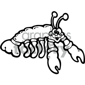 The image is a simplified black and white line drawing of a cartoon lobster. The lobster has a whimsical, expressive face with large eyes on stalks and a broad smile. It has the characteristic segmented body, large claws, and multiple legs typical of a lobster, but drawn in a playful and non-realistic style.