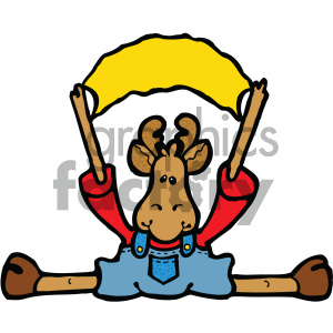 The clipart image depicts a cartoon moose waving a yellow flag. The moose is wearing red long-sleeved shirt and blue overalls with a denim design. It has a friendly and welcoming facial expression, with the flag above its head held by its front hooves.