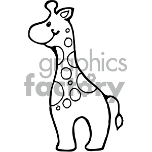   The clipart image depicts a simple line drawing of a giraffe. The giraffe is stylized with a smiling face, spots on its body, and a small tuft at the end of its tail. It appears to be designed for a child-friendly audience, such as for educational purposes or children
