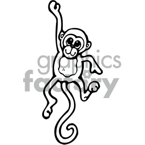 A black and white clipart image of a smiling monkey hanging by one arm.