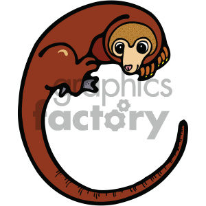 Clipart image of a monkey curled around in a circle with big eyes on a white background.